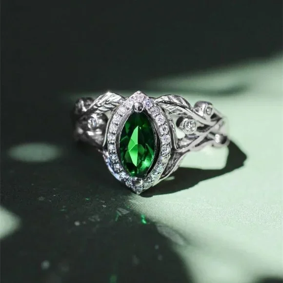 💞Emerald Marquis Gem Leaf Weave Silver Noble Rings for Women, MARR9098 - Picture 3 of 8
